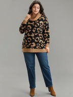 Leopard Contrast Jacquard Turtleneck Pullover
