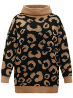 Leopard Contrast Jacquard Turtleneck Pullover