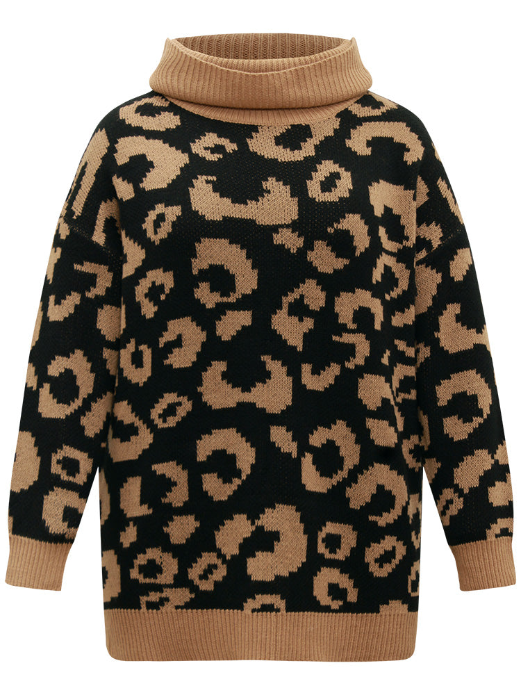 Leopard Contrast Jacquard Turtleneck Pullover