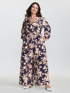 Floral Print V-Neck Drawstring Waist Jumpsuit