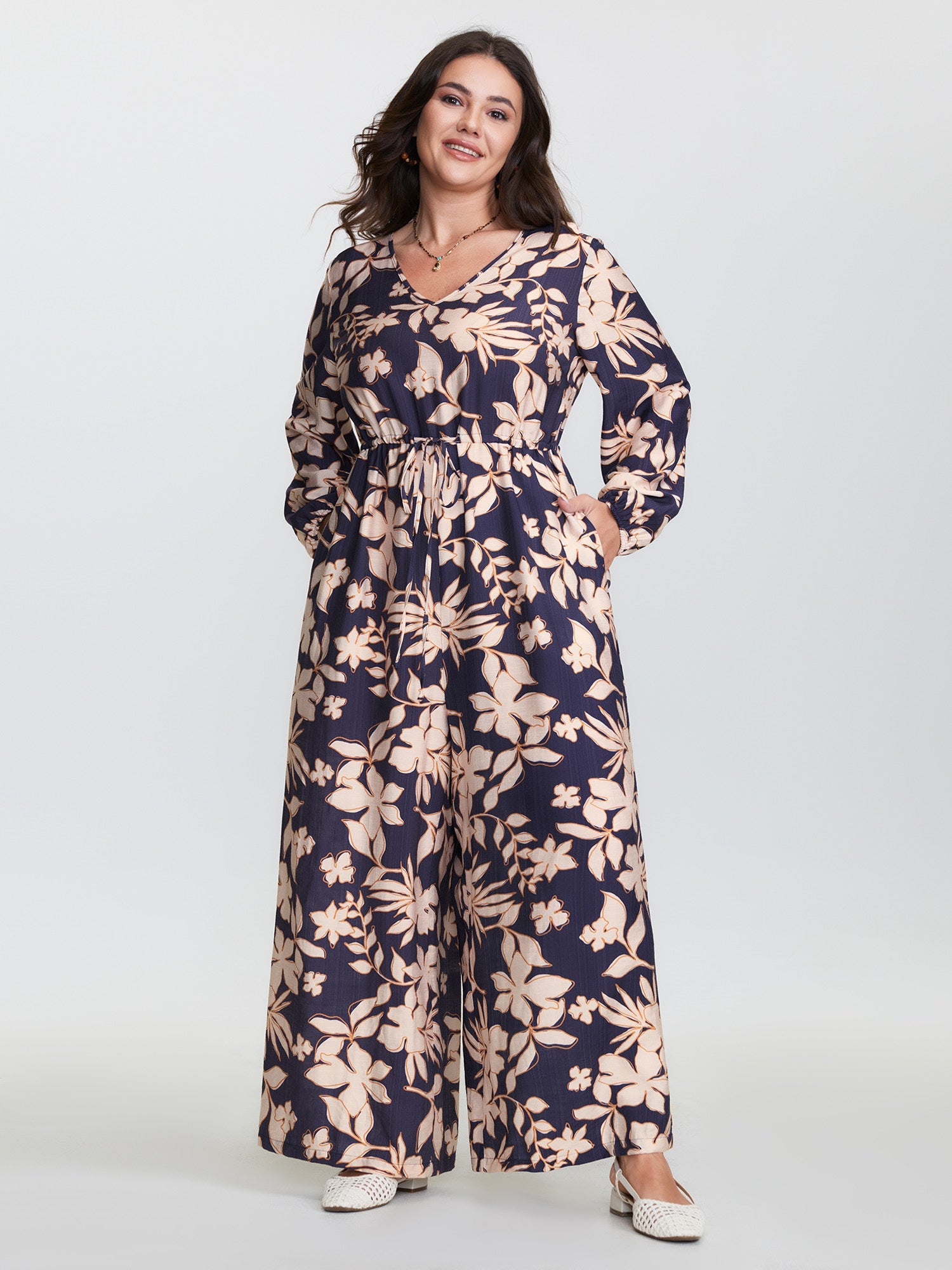 Floral Print V-Neck Drawstring Waist Jumpsuit
