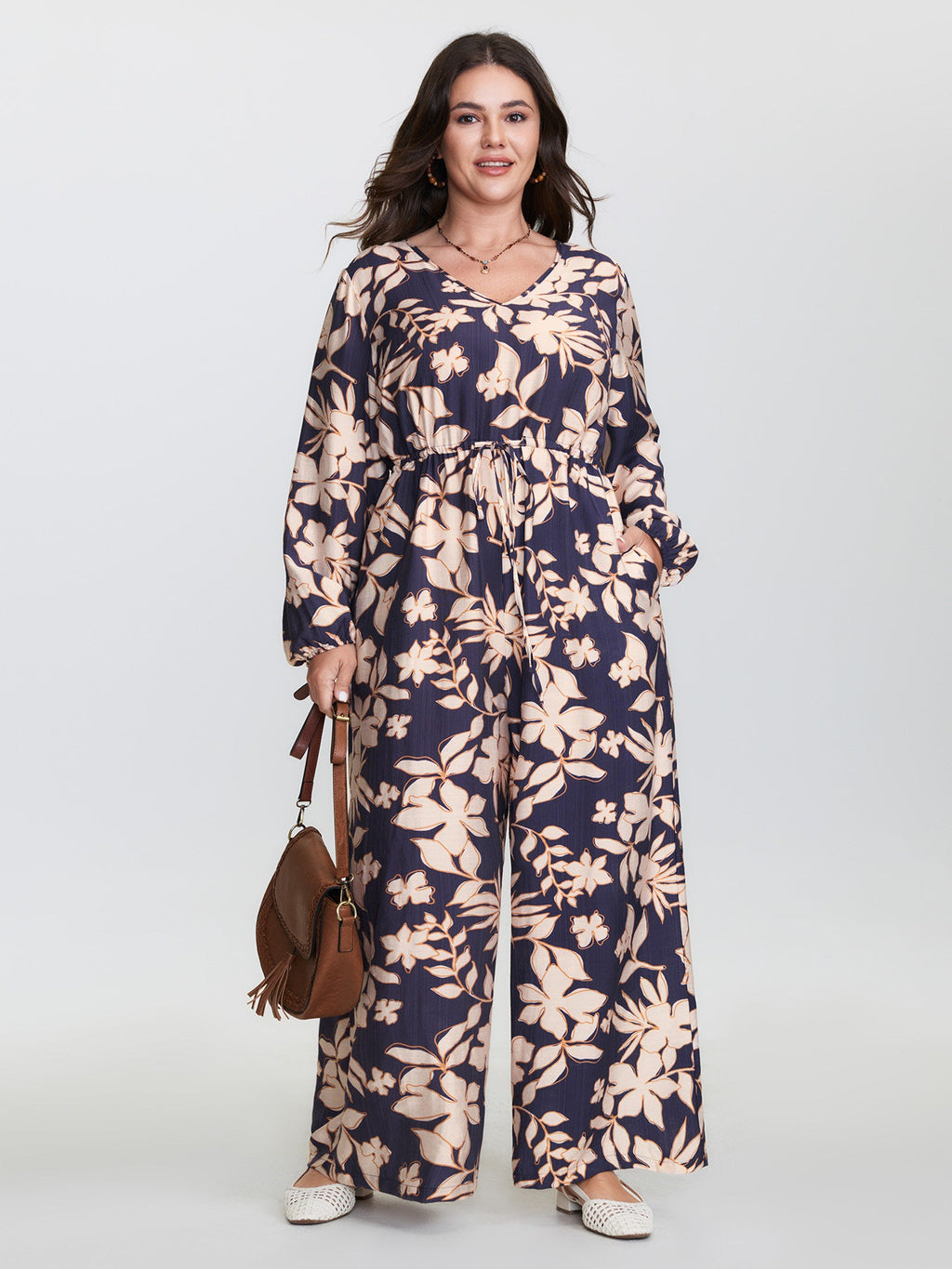Floral Print V-Neck Drawstring Waist Jumpsuit